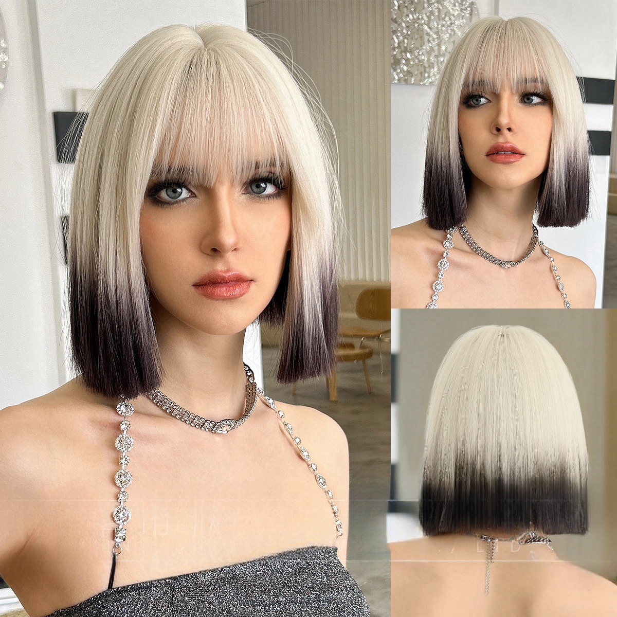 Wig For girl Beige Gradient Black Short Straight  Hair Neat Bangs Cosplay Wig